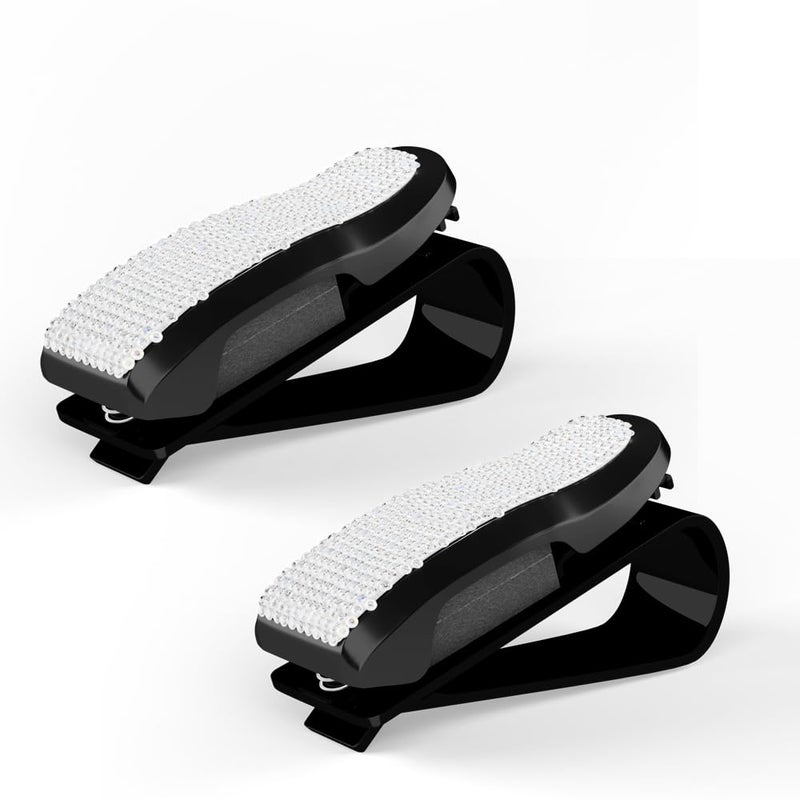 ROSON Sunglass Holder for Car Sun Visor, 2 Pack Glasses Holder Clip Hanger Eyeglasses Mount for Car with Bling Rhinestones Crystal Ticket Card Clip (White) - Image 1